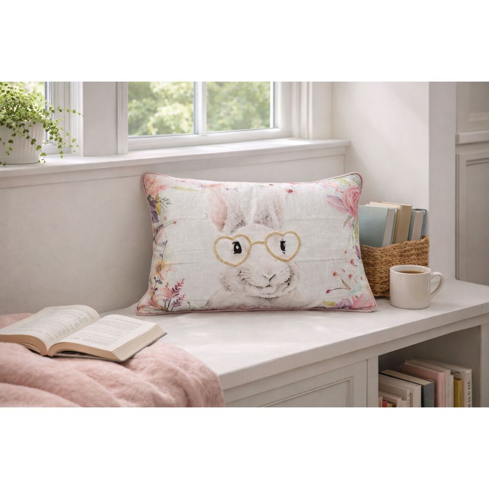 Spring Gold Beaded Eyeglass Bunny Pastel Floral Accent Velour Cushion Pillow